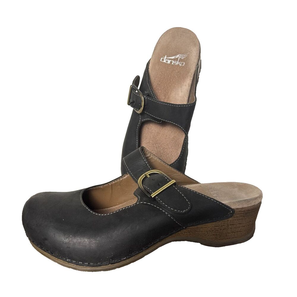 Dansko Black Leather Mary Jane Clogs Women 38 Mules Buckle Comfort Shoes